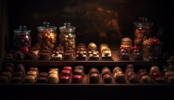 Variety of gourmet sweets in wooden bowl generated by AI photo