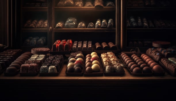 Abundance of gourmet desserts on wooden shelves generated by AI photo
