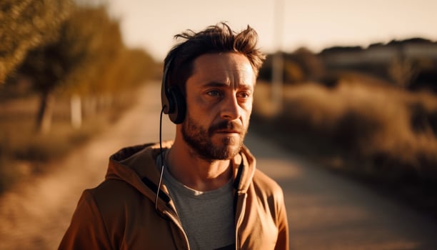 One man jogging outdoors, headphones on, focused generated by AI photo