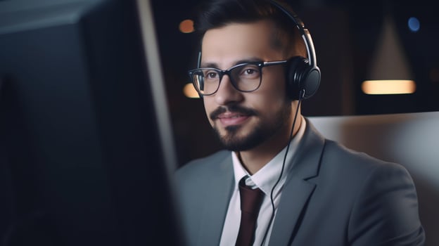 Handsome male call center worker in headphones in the office works at a computer. The concept of customer service. photo