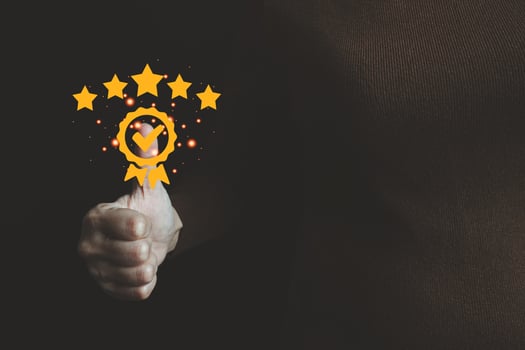 Businesswoman showing the symbol of top service 5 star quality assurance, excellent warranty, world standard, ISO certification, development and improve the quality of the organization concept. photo