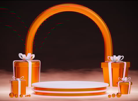 3d rendering orange podium with gift box ,display for cosmetic .Empty showcase for product presentation. photo