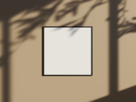 Minimal picture poster frame mockup on the wall with window shadow and leaves photo