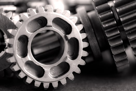 Gear and cogs wheels, clock mechanism, brass metal engine industrial. photo