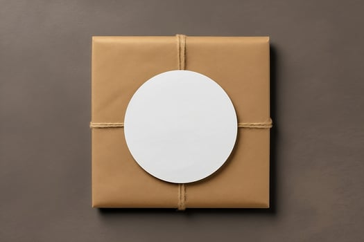 Layout white round sticker on the package. photo