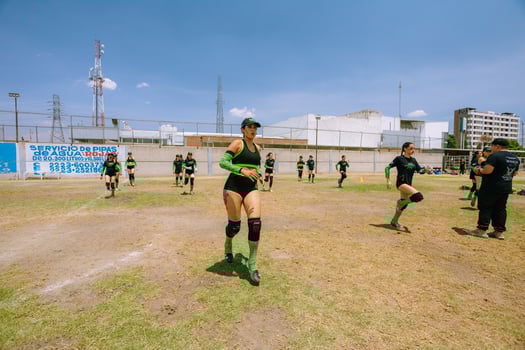 Puebla, Mexico 2023 - Friendly game of women's American football in Mexico on a flat field on a sunny day photo