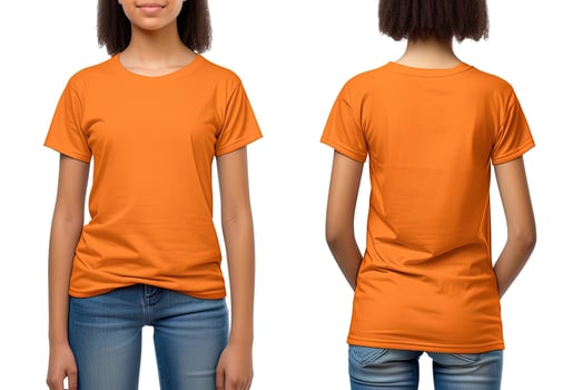 Photo realistic female orange t-shirts with copy space, front, and back view.