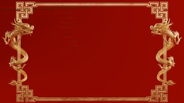 3d rendering illustration background for happy chinese new year 2024 the dragon zodiac sign with red and gold color, flower, lantern, and asian elements. photo