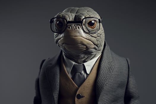 Portrait of a turtle with glasses and a formal suit, black background. . photo