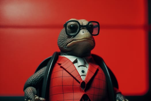 Portrait of a turtle with glasses and a formal red suit,preparing for an advertisement. . photo