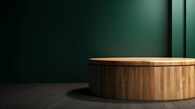wooden top podium design blocks, cylindrical plinths, concept scenes, stage performances, products, creams, perfumes, with space for text. Modern surreal elements. . photo