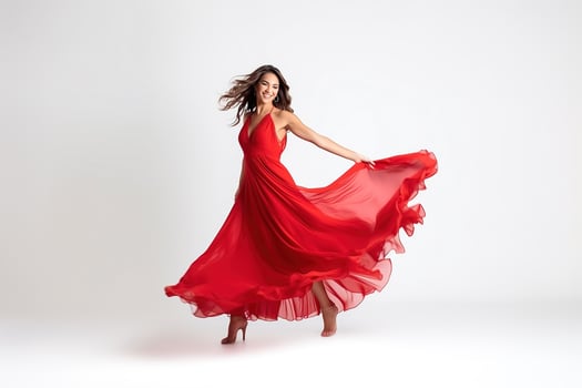 Beautiful young woman in red enjoying her dancing isolated on white background . photo
