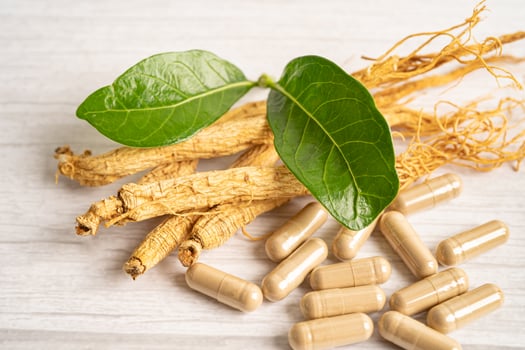 Ginseng, dried vegetable herb. Healthy food famous export food in Korea country. photo