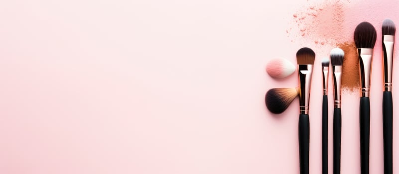 A group of makeup brushes sitting on top of a pink surface created with technology photo