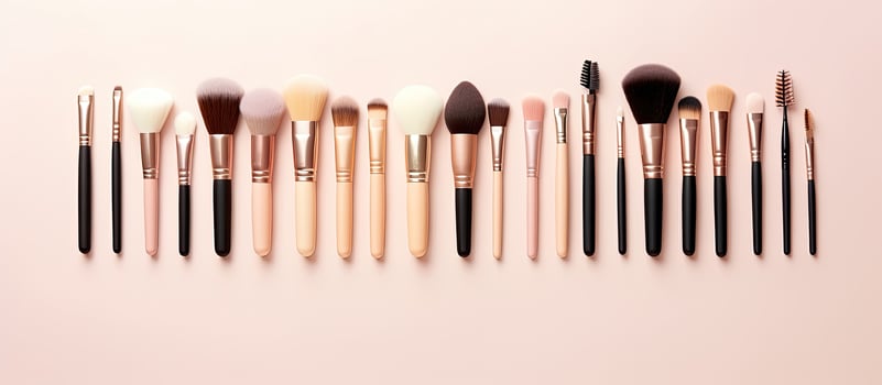 A collection of makeup brushes lined up in a row created with technology photo