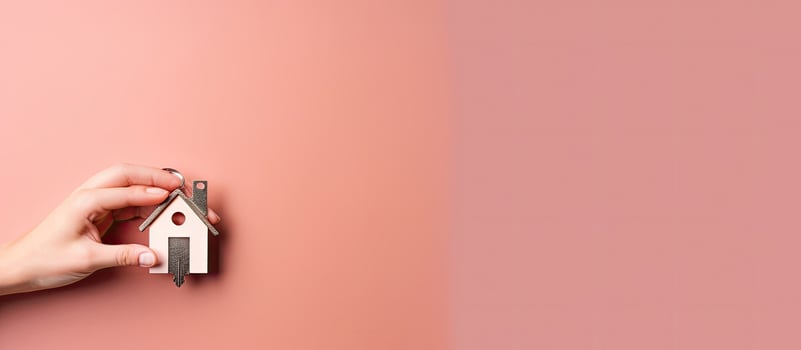 A person holding a house key in front of a pink wall created with technology photo