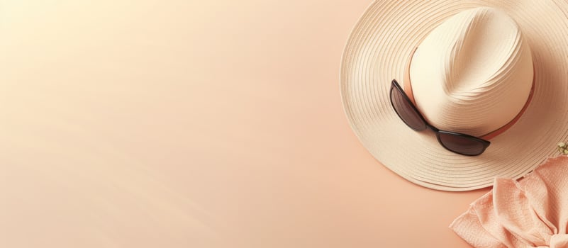 A hat, scarf, and flowers on a pink background created with technology photo