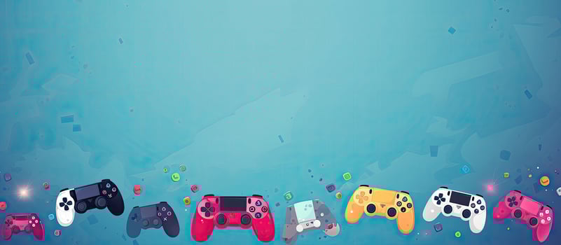A row of game controllers on a blue background created with technology photo