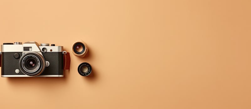 An old fashioned camera with a lens on a tan background created with technology photo