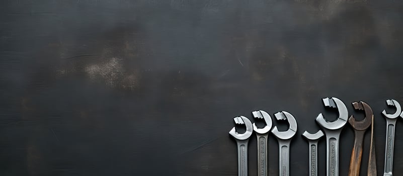 A group of wrenches sitting on top of a black wall created with technology photo