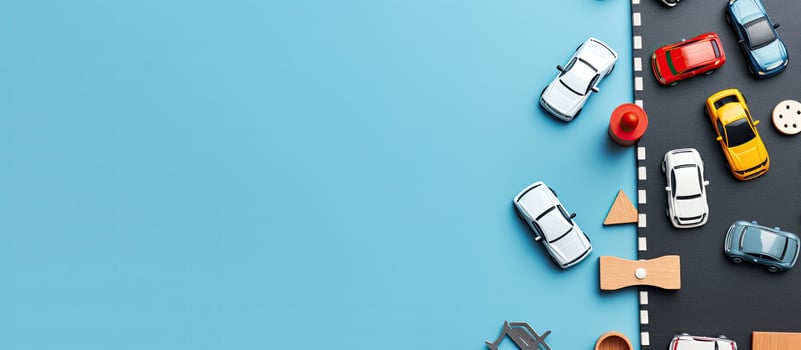 Toy cars are lined up on the road created with technology photo