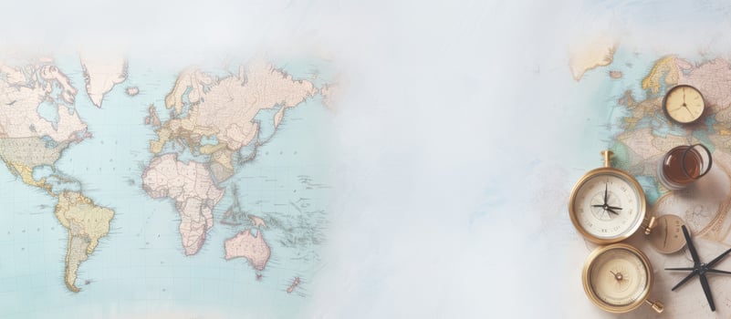 A map of the world with a compass and other items created with technology photo