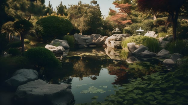 Landscape of tranquil garden fish pond with calm water, reflection on the water, scenic greenery, japanese pond full of lush garden plant. photo