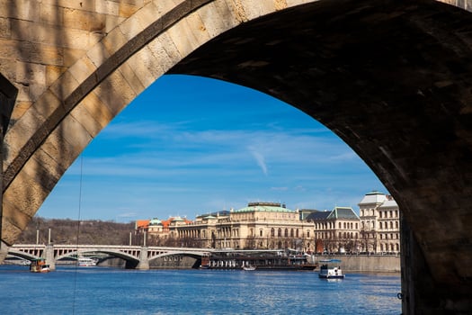The medieval Charles Bridge over the Vltava river in Prague city photo