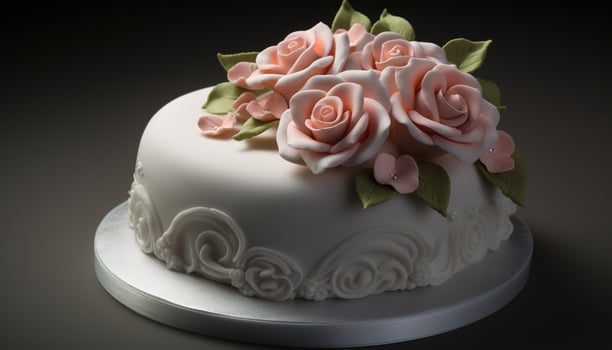 An ornate wedding cake with pink flowers generated by AI photo