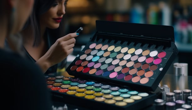Makeup artist applies eyeshadow palette, creating glamour generated by AI photo