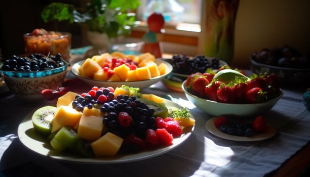 Summer table adorned with fresh berry salad generated by AI photo