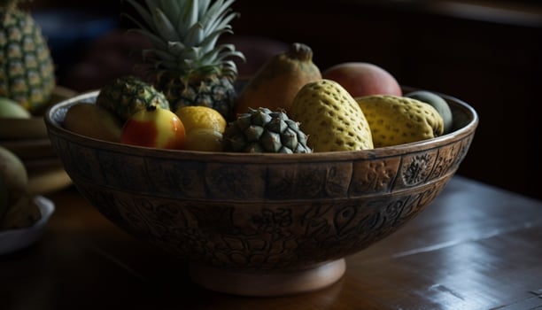 Healthy lifestyle Fresh fruit bowl on wooden table generated by AI photo