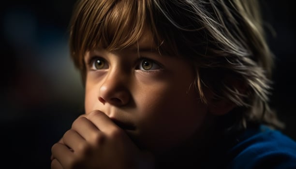 Cute Caucasian child looking at camera, serious contemplation generated by AI photo