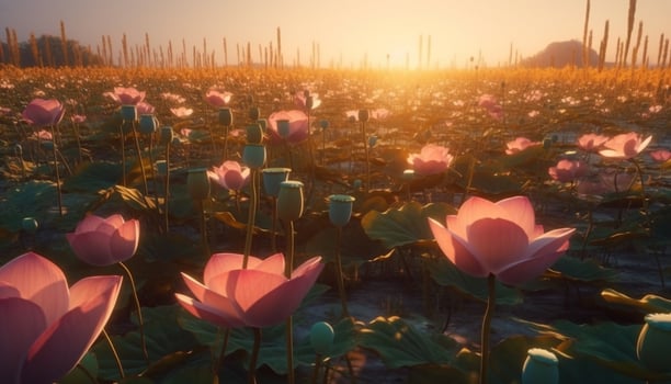 Lotus water lily blossoms in tranquil pond generated by AI photo