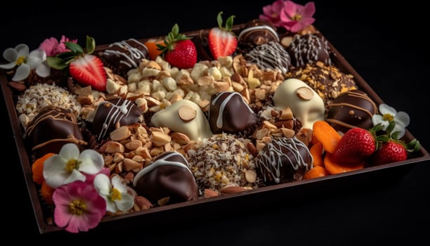 Indulgent gourmet chocolate truffle with fresh raspberry generated by AI photo