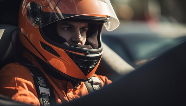 Caucasian man driving motorcycle with sports helmet generated by AI photo