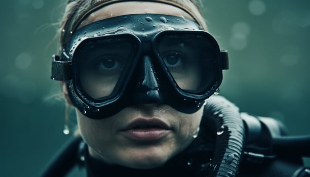 Caucasian adults scuba diving, exploring underwater beauty generated by AI photo