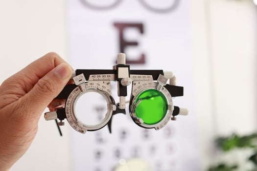 Trial frame isolated on white blur background. Ophthalmologist tool, Optometrist trial frame for eye test, eye test, trial frame eyeglasses photo
