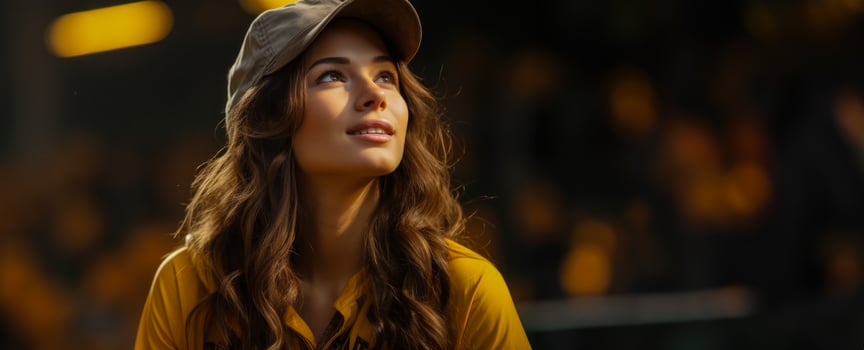 Young softball player in the stadium during the match, copy space. high quality photo