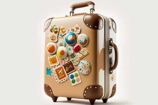Piece of luggage with bunch of stickers on the side of the suitcase. photo