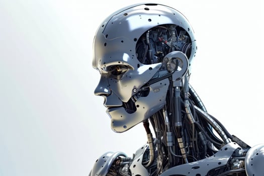 Robot that is standing up with its head turned to look like he is holding something in his hand. photo