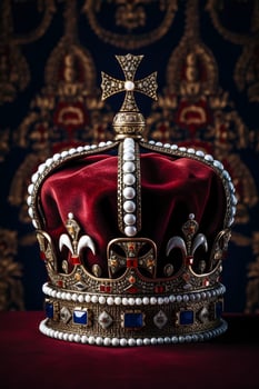 Crown sitting on top of table next to red velvet cover. photo
