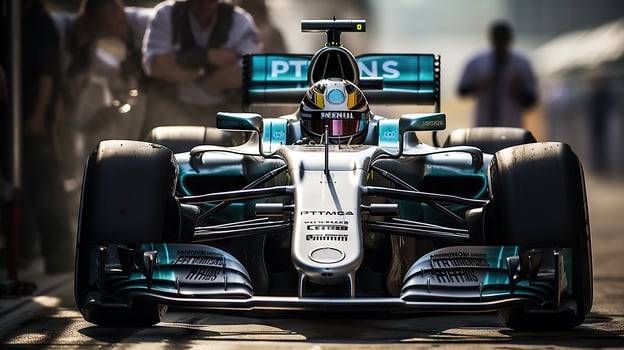 F1 races through the turns during Formula One Grand Prix Circuit. . photo
