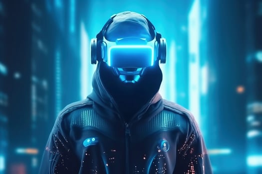 A realistic portrait of a man in neon light wearing a cyberpunk headset and cyberpunk gear. A high-tech futuristic man from the future. The concept of virtual reality and cyberpunk. photo