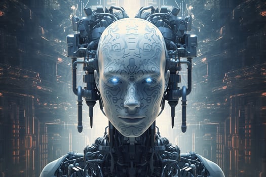 Cyborg woman with deep space and circuit design background photo