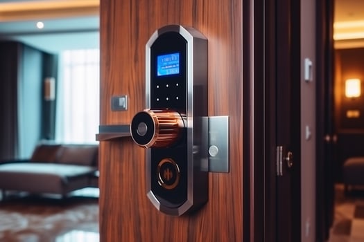 Locking smartlock on the entrance door using a smart phone remotely. Concept of using smart electronic locks with keyless access photo