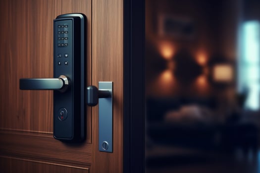 Wood door with smart lock, touch screen keypad and fingerprint, key less access photo