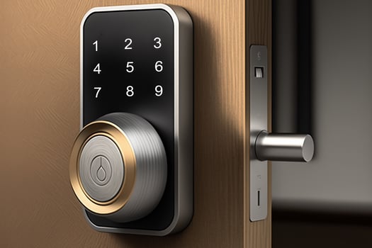 Locking smartlock on the entrance door using a smart phone remotely. Concept of using smart electronic locks with keyless access photo