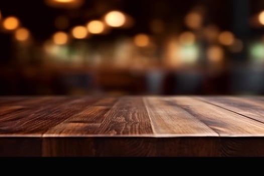 blurred background of bar and dark brown desk space of retro wood photo