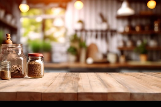 Kitchen table top with empty space for you products or decoration and blurred kitchen furniture background. photo